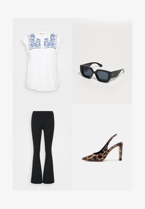 Balta kokvilnas blūze ar ziliem ziedu izšuvumiem un plandošām piedurknēm. Iezīmējas ar apaļu kakla izgriezumu un vaļīgu piegriezumu.; Melnas izplešanās bikses, izgatavotas no elastīga auduma, ar augstu vidukli un gludu tekstūru. Bikses izvēršas no ceļa.; Lāču raksta slingback kurpes ar norādītu purngalu un caurspīdīgu bloku papēdi. Izgatavotas no spīdīgas masas ar gludu tekstūru.; Melnas lielas saulesbrilles ar ģeometrisku dizainu, taisnstūrveida lēcas un spīdīgu apdari. Uz priekša nav redzama zīmola.
