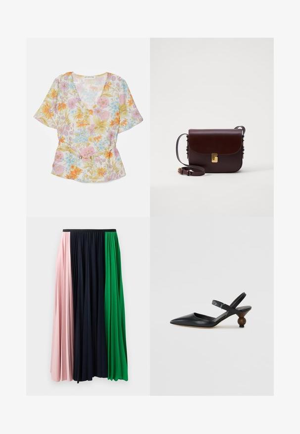 Bluse mit floralem Muster aus transparentem Stoff, V-Ausschnitt, kurzen Ärmeln und leichten Pastellfarben in Orange, Rosa und Blau mit Blumenmustern sowie einem goldenen Akzent.; Faltenrock mit Paneelen in Pink, Navy und Grün. Aus weichem Stoff gefertigt und mit einem elastischen Bund für eine bequeme Passform.; Schwarzer Leder-Slingback-Schuh mit einer spitzen Zehe, geschwungenem Design und einem runden, holzähnlichen Absatz. Verfügt über einen schmalen Knöchelriemen.; Braune Lederhandtasche mit einem Klappenverschluss, goldenen Akzenten und einem verstellbaren Gurt. Sie hat eine glatte Textur und eine elegante rechteckige Form.