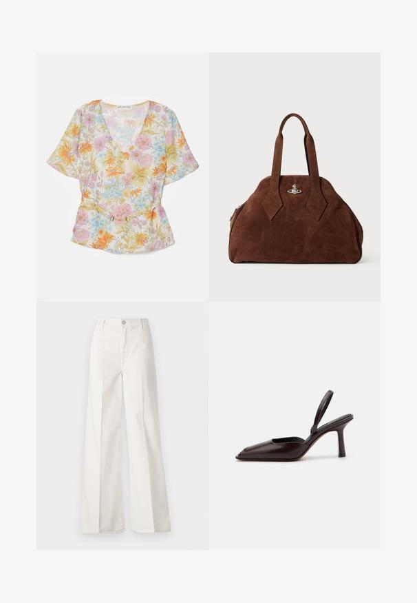 Blusa floreale in tessuto trasparente, presenta un scollo a V, maniche corte e colori pastello chiari con motivi floreali arancioni, rosa e blu, arricchita da un accento dorato.; Pantaloni bianchi a gamba larga realizzati in cotone con una texture liscia. Presentano un bottone anteriore, una zip e un design a quattro tasche.; Décolleté in vernice marrone, con punta affusolata e tacco alto e sottile. Caratterizzato da un design elegante e una superficie liscia.; Borsa in suede marrone con una forma strutturata, corpo arrotondato e manici a forma di diamante allungati. Presenta una chiusura in metallo argentato.