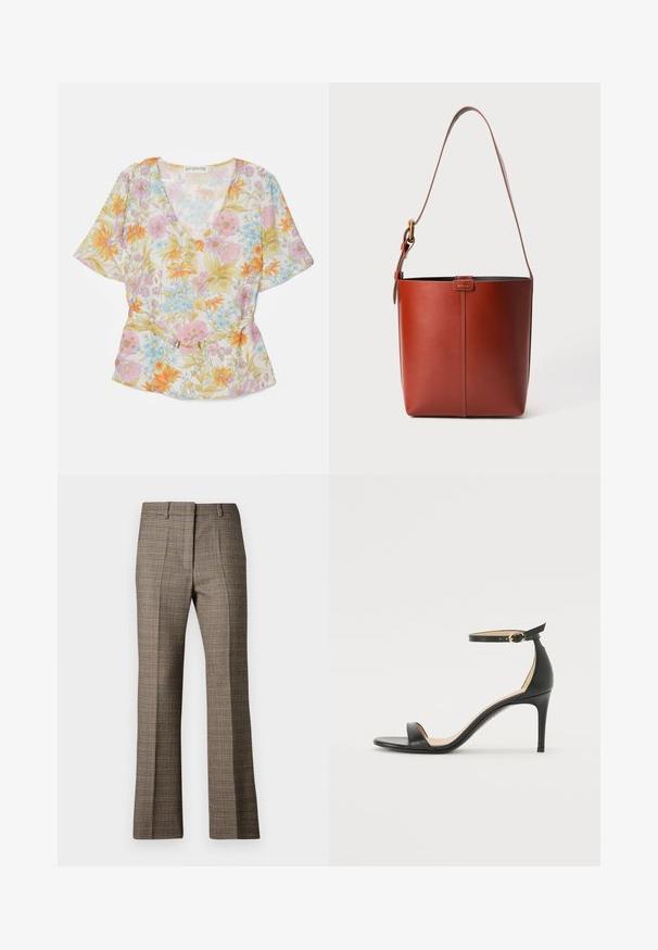 Ziedu blūze caurspīdīgā audumā, ar V veida izgriezumu, īsām piedurknēm un gaišām pasteļa krāsām, apvienojot oranžus, rozā un zilus ziedu rakstus, kā arī zelta akcentu.; Brūnas četrkrāsainas bikses ar taisnu kāju griezumu, kurām ir teksturēta auduma virsma un maigi beidzamās krāsas, izceļot beigu toni un tumšākas brūnas krāsas caur modeli.; Melnas ādas augstpapēžu sandales ar potītes siksniņu. Iezīmes gluda tekstūra, atvērta purngala un plāna papēža. Zelta krāsas sprādzes detaļa.; Brūns ādas spainis ar regulējamu plecu siksnu un zelta toņa sprādzi, vienkārša vertikāla šuve priekšpusē.