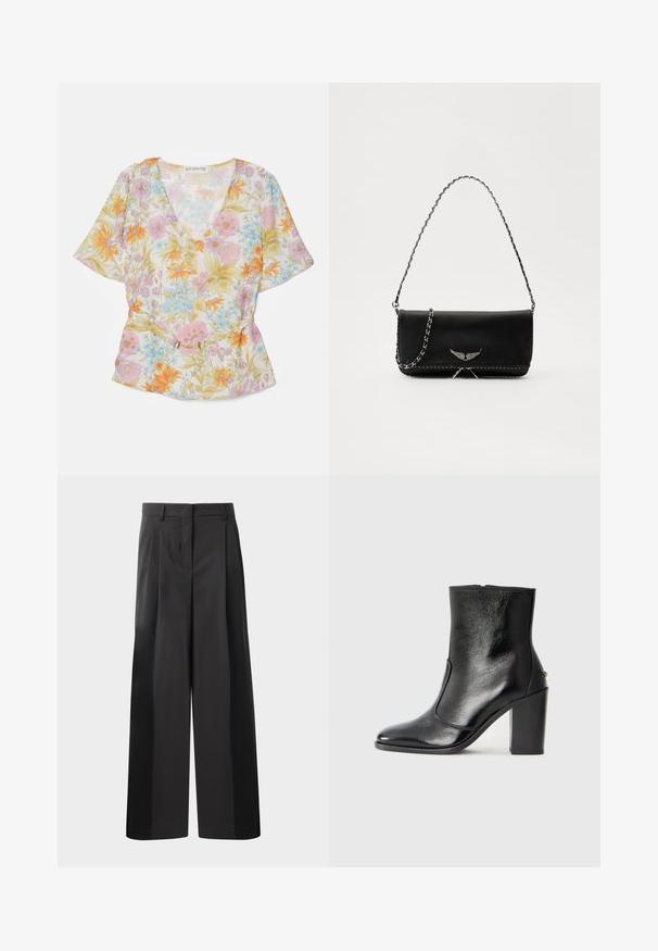 Květinová blůza z průhledné tkaniny, má výstřih do V, krátké rukávy a světlé pastelové barvy se vzory květin v oranžové, růžové a modré barvě a zlatým akcentem.; Černé kalhoty širokého střihu s vysokým pasem, které mají přední sklady, hladký povrch a upravený vzhled. Navrženy pro volný střih.; Černé kožené kotníkové boty s hladkou texturou, špičatou špičkou a robustním vysokým podpatkem. Mají boční otvor a minimalistický design.; Černá kožená kabelka se stříbrným řetízkovým popruhem, zdobená dekorativními křídly a bílým prošíváním podél spodního švu.