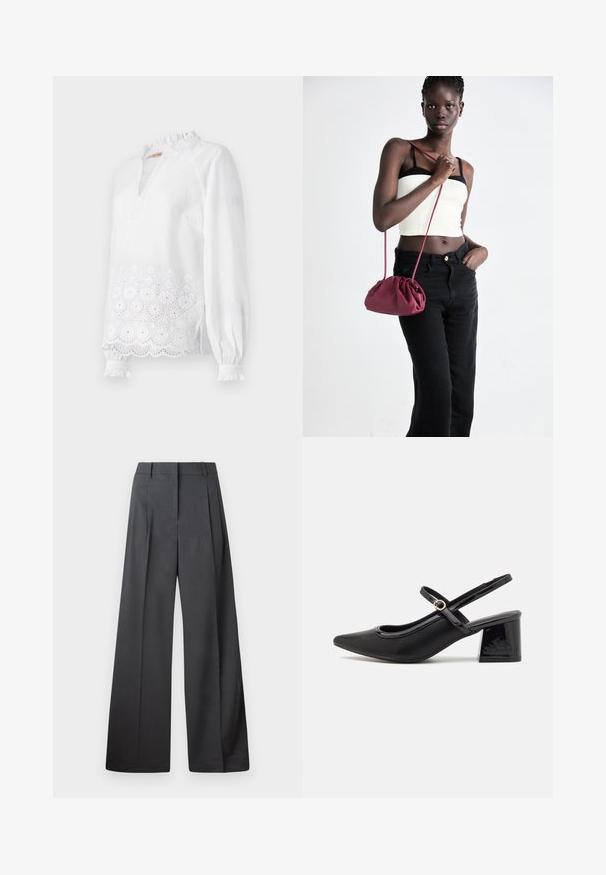 Fehér, hosszú ujjú blúz, fodros nyakkal, hímezett virágmintával az alján és finom textúrájú pöttyökkel az egész felületen.; Széles szárú nadrág sötétszürke anyagból, magas derekú, egyes redőkkel, sima textúrával és tiszta befejezéssel a szegélyeken.; Fekete lakk bőr, pántos magassarkú cipő, hegyes orral, lekerekített kivágással és tömbsarkal. Arany színű csat díszíti.; Burgundy puha anyagú kézitáska, ráncolt dizájnnal és hosszú pánttal, keresztben hordva. A modellen fehér rövid top és fekete farmer van.