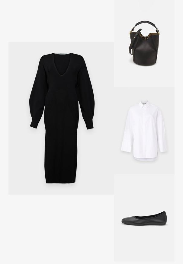 Biela košeľa na gombíky vyrobená z hladkej bavlny, s klasickým golierom, dlhými rukávmi s manžetami a rovným spodným okrajom so bočnými rozparkami.; Čierne pletené šaty s hlbokým výstrihom do V, dlhými objemnými rukávmi a textúrovanými detailmi na korzetovej časti.; Čierne kožené baleríny s okrúhlou špičkou, hladkým povrchom, minimálnym prešívaním a flexibilným dizajnom podrážky.; Čierna kožená vedro taška s textúrovaným povrchom, zlatými kovovými detailami a otvoreným vrcholom. Obsahuje krátku rukoväť a nastaviteľný ramenný popruh.