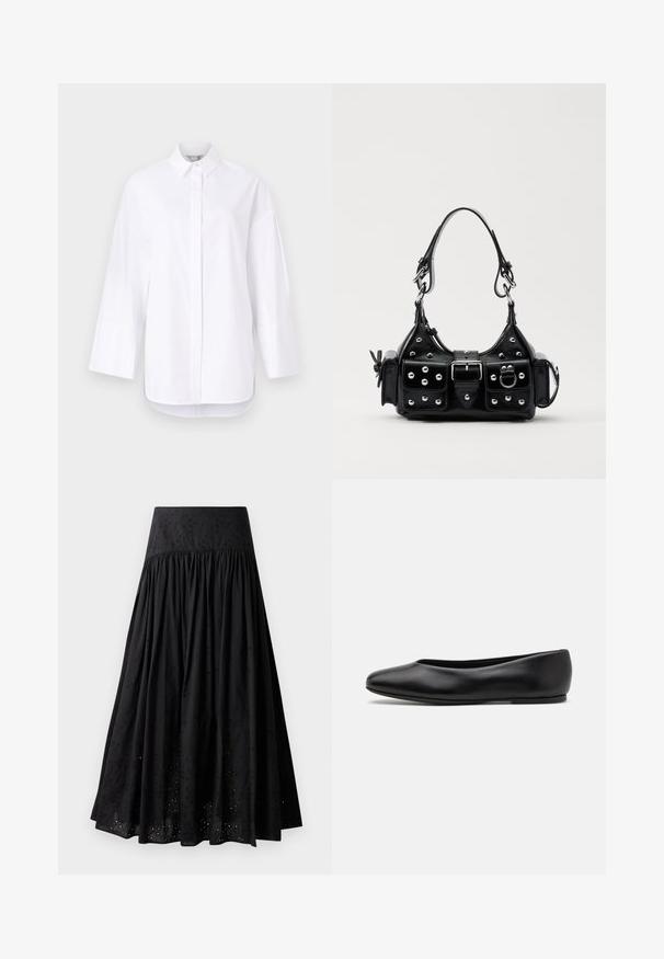 Camicia bianca con bottoni realizzata in cotone morbido, dotata di un collo classico, maniche lunghe con polsini e orlo dritto con spacchi laterali.; Gonna maxi nera in cotone con vita ricamata. Presenta tessuto arricciato e dettagli di occhiello lungo l'orlo.; Paul Smith TOPANGA - Ballerine - black; Borsa a mano in pelle nera con design curvo, caratterizzata da borchie argentate, una fibbia e due tasche laterali. Tracolla regolabile per diverse opzioni di trasporto.