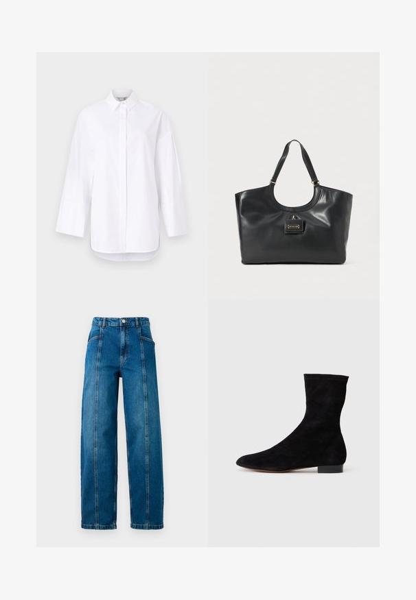 Camicia bianca con bottoni realizzata in cotone morbido, dotata di un collo classico, maniche lunghe con polsini e orlo dritto con spacchi laterali.; Jeans in denim blu a vita alta con gambe larghe, cuciture verticali frontali, tasche laterali, passanti per cintura e chiusura con bottone.; Stivale alla caviglia in suede nero con gambale aderente, punta affusolata e tacco a blocco basso. Texture liscia e design minimalista, adatto per uno stile versatile.; Borsa tote in pelle nera con finitura lucida, parte superiore curva, due manici per spalla e un accentuato in metallo color oro sul davanti.