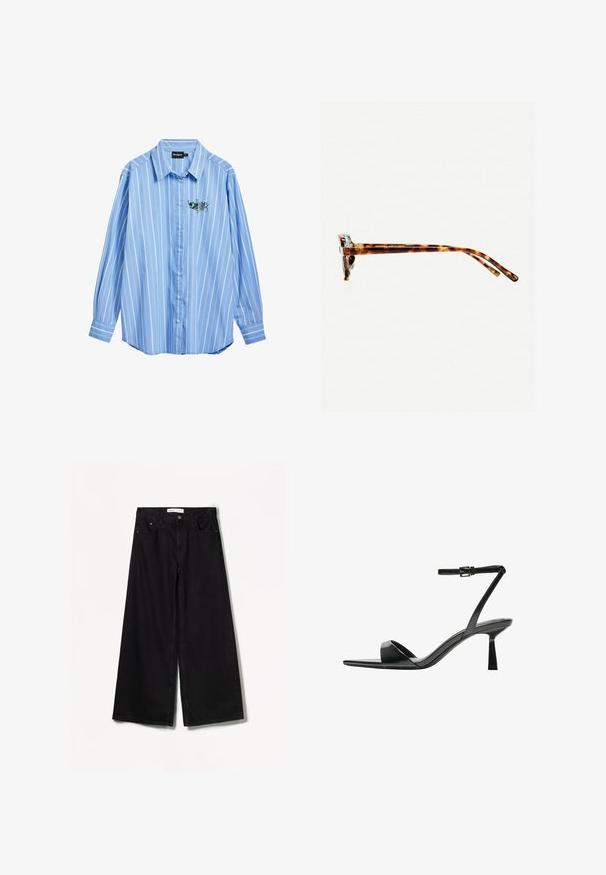 Hellblaues Button-up Hemd mit weißen vertikalen Streifen, langen Ärmeln und einem entspannten Schnitt. Verfügt über ein gesticktes Blumendesign auf der Brust.; Bershka WIDE-LEG - Wide Leg - black; Bershka High Heel Sandalette - black; Schildpatt-Sonnenbrille mit dickem Rahmen, leicht gebogenen Bügeln und glatter Textur. Sie präsentiert ein klassisches Design mit glänzender Oberfläche.