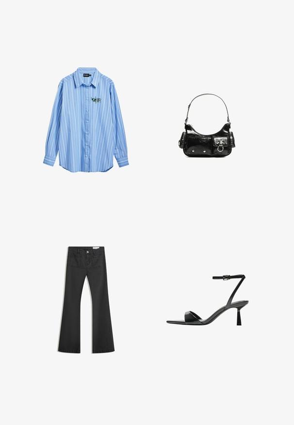 Svijetloplava košulja dugih rukava s bijelim vertikalnim prugama, opuštenog kroja. Ima izvezeni cvjetni uzorak na prsima.; Crne široke traperice od denima s glatkom teksturom, s dva stražnja džepa i kopčanjem na dugme u struku.; Bershka Sandale s visokom petom - black; Crna patentna kožna torba s zakrivljenim oblikom, jednim remenom za rame, prednjim džepovima i akcentima od srebrnog tona.