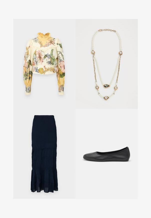 Alemais OLEANDER - Bluse - multi coloured; Mørkeblå midinederdel med smockdetalje, lagdelt flæsekant og tekstureret stof. Elastisk taljebånd for justerbar pasform.; Sort læderballetsko med rund tå, glat tekstur, minimal syning og et fleksibelt såldesign.; Perlehalssmykke med gyldne accenter, tre gem-encrusterede indstillinger og et fletningsafsnit. Farvepaletten inkluderer hvid og guld.