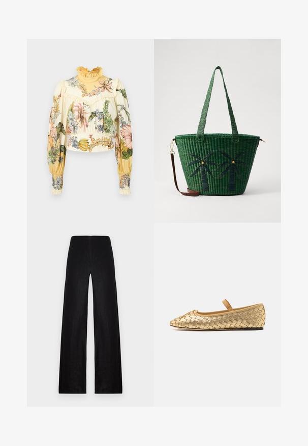 Alemais OLEANDER - Bluse - multi coloured; Schwarze, weit geschnittene Hosen aus leichtem Stoff. Merkmale sind eine hohe Taille, eine glatte Textur und klare Linien ohne Taschen oder Verzierungen.; Loeffler Randall LEONIE SOFT BALLET FLAT - Riemchenballerina - gold; Grüne geflochtene Tragetasche mit Palmbaumdesigns in dunklerem Grün; mit zwei Griffen und einem abnehmbaren braunen Ledertragegurt.