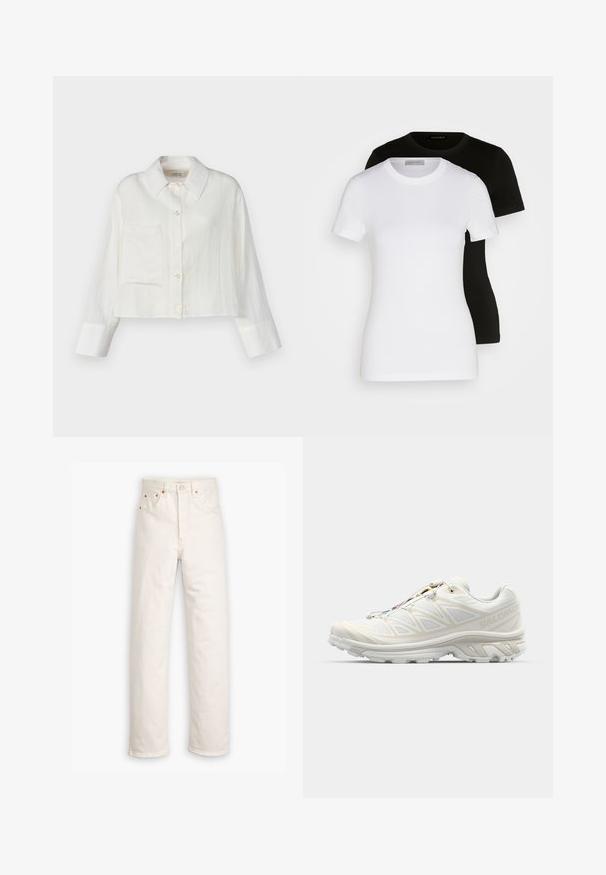 Cămașă albă din in, scurtă, cu guler ascuțit, buzunar frontal și închidere cu nasturi. Mâneci lungi cu detaliu contrastant la manșetă.; Două tricouri cu mânecă scurtă, negre și albe. Realizate din bumbac neted, cu un guler rotund clasic și o croială regulată.; Jeanși din denim alb cu un design cu picior drept, stil cu cinci buzunare și accente de metal cupru. Terminare brută la glezne.; Adidași albi cu un superior din plasă respirabilă, accente texturate și o talpă amortizantă. Caracteristici un sistem de șireturi rapide pentru o ajustare ușoară.