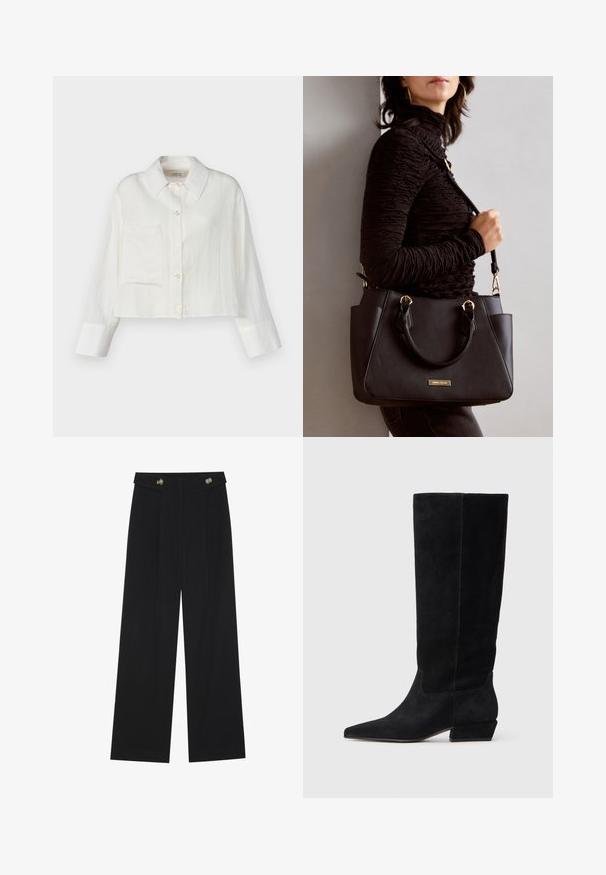 Cropped white linen shirt with a pointed collar, front pocket, and button closures. Long sleeves with contrasting cuff detail.; Black wide-leg trousers with high waist, button details on waistband, and front pleats.; Black suede knee-high boots with a pointed toe, low block heel, and seamless sides. Clean design with no visible hardware or accents.; Black handbag with textured surface, dual top handles, and adjustable shoulder strap. Features gold-tone hardware and side pockets.