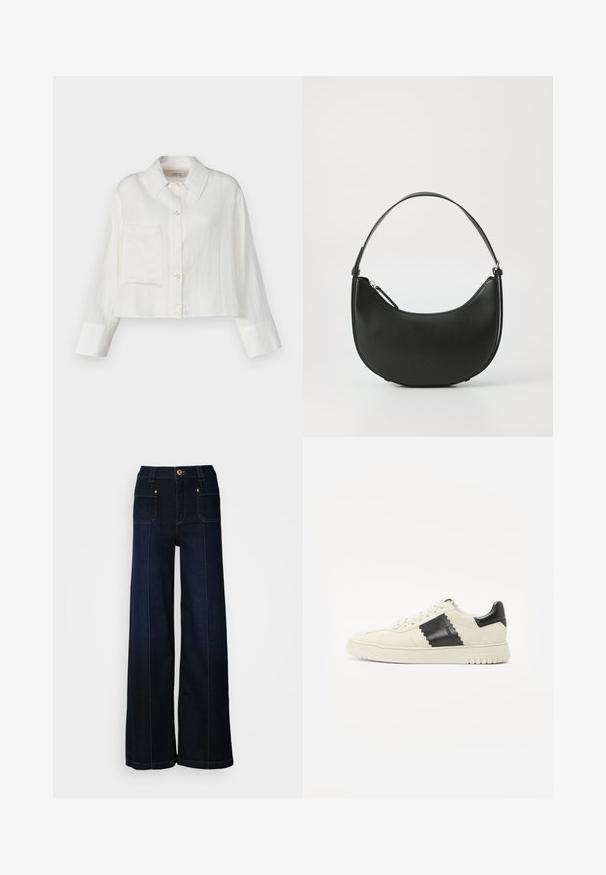 Afskåret hvid linnedskjorte med spidse krave, brystlomme og knaplukninger. Lange ærmer med kontrasterende manchetdetaljer.; Bredde ben denimjeans i mørkeblå. Har forlommer, guldfarvet hardware og kontrasterende syninger. Glat tekstur med et afslappet design.; Hvid sneaker med sort suede-accent, rund tå, teksturerede paneler og gummisul. Har snørebåndslukning og polstret krave.; Sort læder skuldertaske med en buet form, slank håndtag og lynlåslukning. Har en glat overflade og diskret logo detaljer.