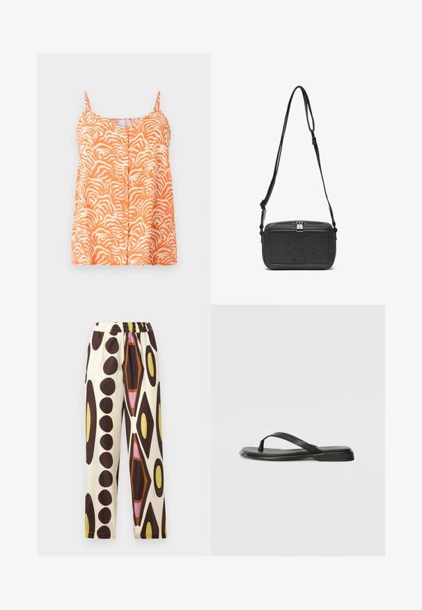 Oranje mouwloze top met een zebra-print patroon, voorzien van een knoopsluiting aan de voorkant en verstelbare schouderbanden. Zachte stof textuur.; Elastische broek in een lichtgewicht stof, met een crème achtergrond en grote bruine, gele, roze en oranje geometrische patronen.; Zwarte teenflip-flop van glad leer, met een dunne band en een platte zool met een minimalistisch profiel. Geen opvallende patronen of accenten.; Zwarte leren schoudertas met een ritssluiting, reliëflogo aan de voorkant en een verstelbare schouderriem. Gladde textuur met een rechthoekige vorm.