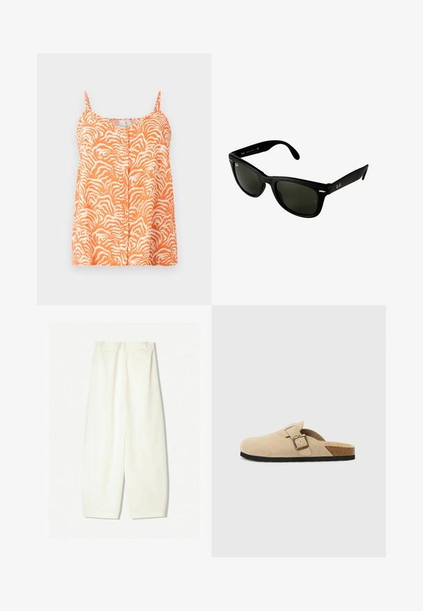 Oranžový top bez rukávů se vzorem zebry, s knoflíkovou přední částí a nastavitelnými ramínky. Měkká textura látky.; Kalhoty s širokými nohavicemi v jemné krémové tkanině, s hladkou texturou, předními kapsami a uvolněným střihem s mírně zvýšeným pasem.; Béžové semišové klouzavé dřeváky s korkovou stélkou, zaoblenou špičkou a jednoduchým páskem s kovovou sponou v zlatém tónu. Gumová podrážka pro lepší přilnavost.; Černé plastové sluneční brýle s tmavě zelenými čočkami. Rám čtvercového tvaru s stříbrnými akcenty a vyraženým logem na spánkové straně.