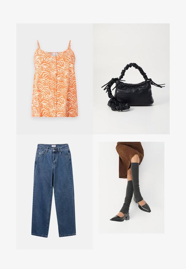 Top laranja sem mangas com padrão de zebra, apresentando uma frente com botões e alças ajustáveis. Tecido de textura suave.; Jeans de denim azul clássicos com um design de perna reta, cinco bolsos e fecho de botão. Apresenta um tratamento médio e uma textura resistente.; Sapatos pretos de pele lacada com biqueira pontuda, salto bloco e tiras no tornozelo, combinados com caneleiras cinzas em malha e uma saia de camurça castanha.; Bolsa de mão em couro sintético preto com textura de crocodilo, topo franzido e alça enrugada. Apresenta um design suave e compacto.