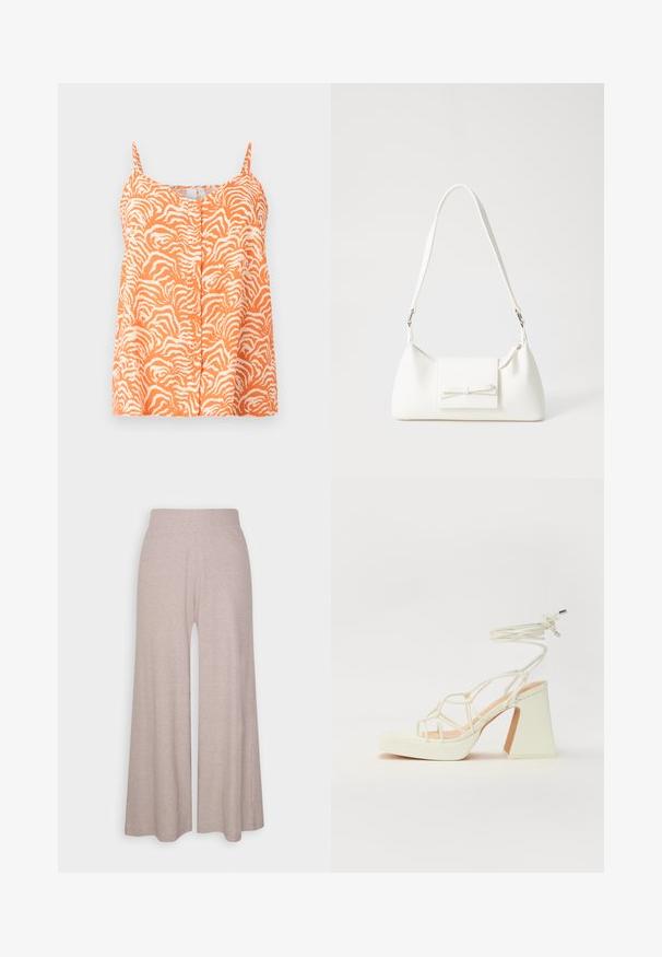 Oranžový top bez rukávů se vzorem zebry, s knoflíkovou přední částí a nastavitelnými ramínky. Měkká textura látky.; Světle šedé široké kalhoty vyrobené z měkké jemně žebrované látky, s vysokým pasem a dlouhými nohavicemi s jemnou texturou.; Bílé sandály na vysokém podpatku s robustním podpatkem, s designem s pásky a zavazováním kolem kotníku. Hladký povrch s platformou vpředu pro zvýšení výšky.; Bílá syntetická kabelka v trojúhelníkovém tvaru, s plochým předním klopným víkem a detailem mašle, nastavitelným popruhem, hladkým povrchem a minimalistickým designem.