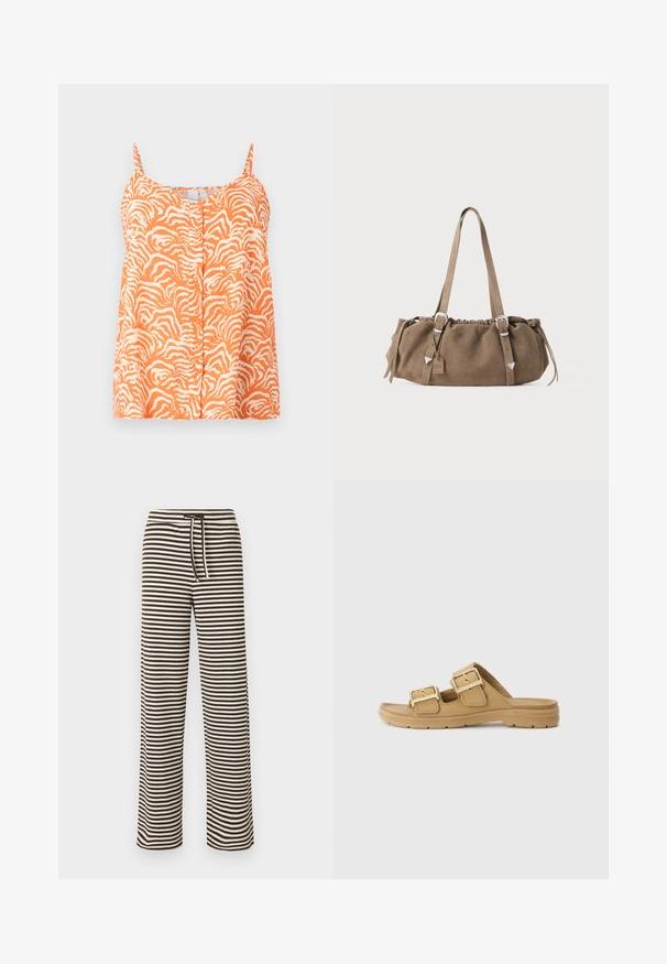 Oranje mouwloze top met een zebra-print patroon, voorzien van een knoopsluiting aan de voorkant en verstelbare schouderbanden. Zachte stof textuur.; Gestreepte wijde broek met een geribbelde textuur, met afwisselende bruine en crèmekleurige horizontale strepen en een elastische tailleband met een trekkoord.; Tan schuifsandalen met twee gouden gespen, gestructureerde banden en een gevormde voetbed. Platte rubberen zool met grippatronen voor stabiliteit.; Bruine suède handtas met een gerimpelde bovenkant, zilveren hardware accenten en twee schouderbanden. Heeft een rechthoekige vorm en een minimalistisch design.