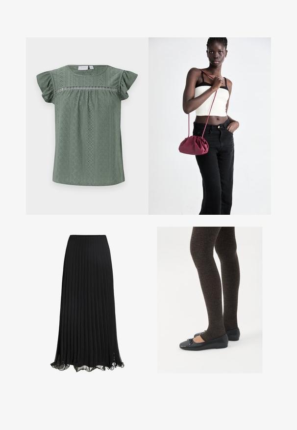 Grøn kortærmet bluse lavet af letvægts tekstureret stof, der har et mønsterdesign med øjenlågsdetaljer og flæseærmer.; Sort plisseret maxiskørt lavet af letvægtsstof med et flydende design. Har en volangkant og elastisk talje for komfort.; Sorte flade sko med en lille sløjfedetalje ved tåen, parret med mørkebrune ribbede strømpebukser. Skoene har en glat overflade og lav profil.; Bordeaux blødt stof håndtaske med en sammenpresset design og en lang rem, båret som crossbody. Modellen bærer en hvid cropped top og sorte jeans.