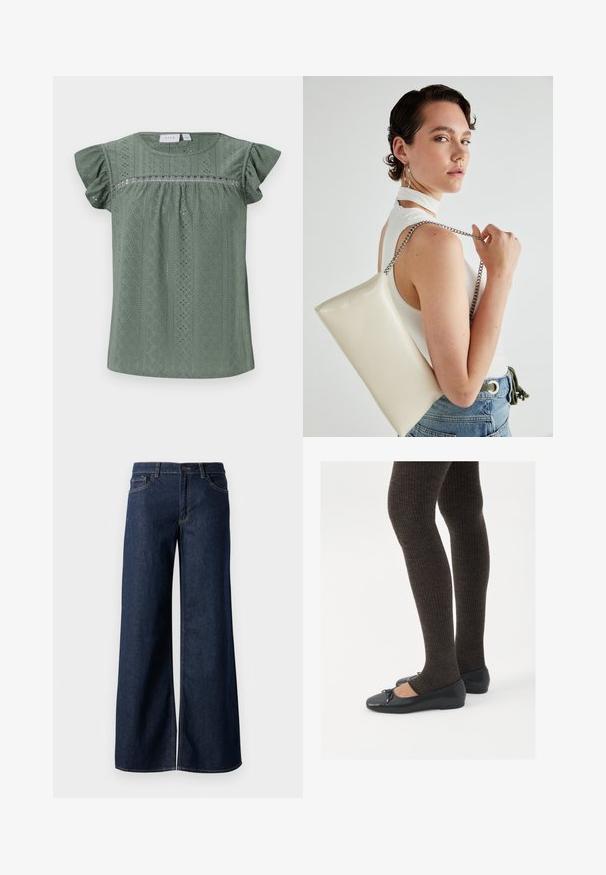 Grønn kortermet bluse laget av lett strukturet stoff, med et mønsterdesign med hull og volanger på ermene.; Vide benbukser i mørkeblå denim. Har kontrastsøm, fem lommer og en knaplukning i taljen. Glat tekstur.; Sorte flate sko med en liten sløyfedetalj på tåen, kombinert med mørkebrune ribbede strømpebukser. Skoene har en glatt overflate og lav profil.; Hvit rektangulær clutch-veske laget av blankt materiale, med en sølvkjede-stropp. Modellen poserer og viser vesken mot en ensfarget bakgrunn.