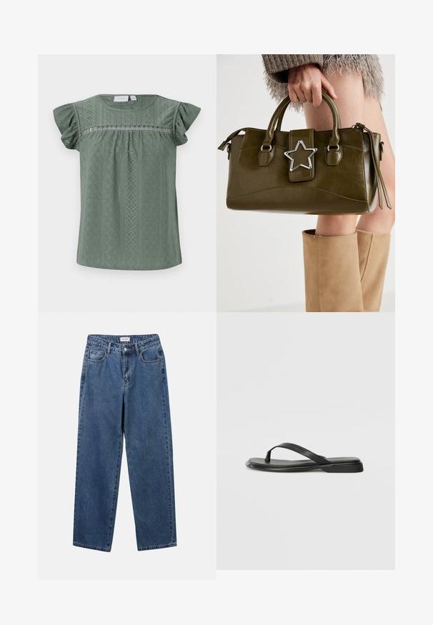 Zöld, rövid ujjú blúz könnyű, texturált anyagból, amely mintás designt és lyukacsos részleteket, valamint fodros ujjakot tartalmaz.; Klasszikus kék farmernadrág egyenes szárú dizájnal, öt zsebbel és gombos zárással. Közepes mosású és strapabíró textúrával rendelkezik.; Fekete papucs sima bőrből, vékony pántkel és lapos talppal rendelkezik, minimális profilú. Nincsenek kiemelkedő minták vagy díszítések.; Olívazöld műbőr kézitáska ezüst csillag díszítéssel, dupla fogantyúval és cipzáros zárással. Texturált felület és formázott alak.