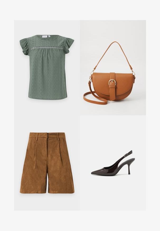 Zelena kratka bluzica iz lahkega teksturiranega materiala, ki ima vzorčasto zasnovo z detajli iz očesnih izrezov in nabrano rokavi.; Brahkasti velur kratke hlače z gladko teksturo, ki imajo sprednje nabore, ravno pas in raven kroj.; Slingback visoke pete v sijajni temno rjavi lak koži, koničastim nosom, odprtimi stranmi in nastavljivim gležnjenčkim trakom.; Rjava usnjena torbica prek telesa s ukrivljeno obliko, zlate opreme in sponko. Ima odstranljiv naramni trak.