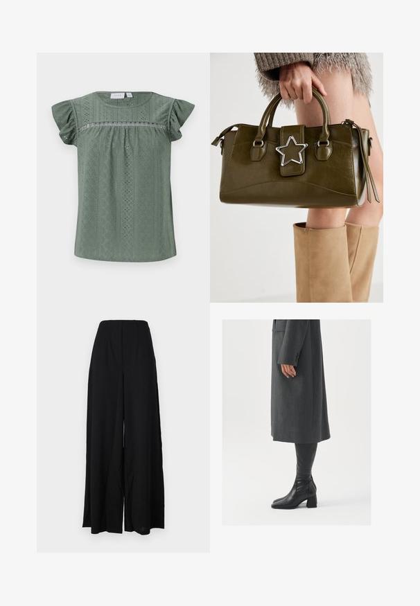 Blusa verde de manga corta hecha de una tela texturizada ligera, con un diseño estampado que presenta detalles de ojetes y mangas acampanadas.; Pantalones de pierna ancha negros, confeccionados con una tela texturizada, que presentan una cintura alta con pliegues y bordes limpios para una silueta elegante.; Abrigo gris, entallado y de corte recto; combinado con botas de cuero negras hasta la rodilla que tienen punta cuadrada y tacón grueso.; Bolso de mano de cuero sintético verde oliva con acento de estrella plateada, doble asa y cierre de cremallera. Superficie texturizada y forma estructurada.