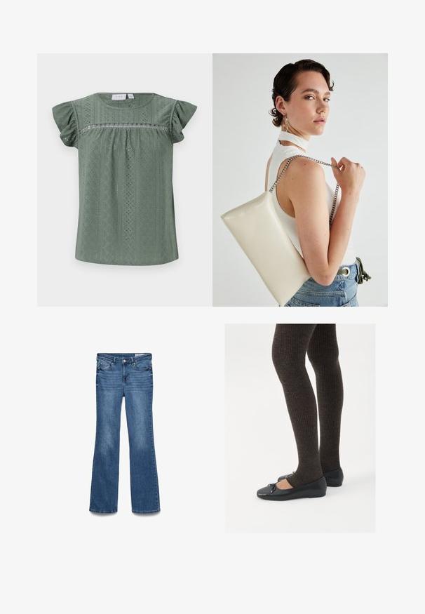 Blusa verde a maniche corte realizzata in un leggero tessuto testurizzato, con un design a fantasia arricchito da dettagli in occhiello e maniche voluminose.; Jeans a zampa d'elefante in denim blu con vita media, due tasche anteriori e cintura cucita. Texture morbida e design tradizionale a cinque tasche.; Scarpe nere a flat con un piccolo fiocco sulla punta, abbinate a collant a coste marrone scuro. Le scarpe hanno una texture liscia e un profilo basso.; Borsa a pochette rettangolare bianca realizzata in materiale lucido, con una tracolla in catena argentata. Il modello posa, mostrando la borsa su uno sfondo semplice.