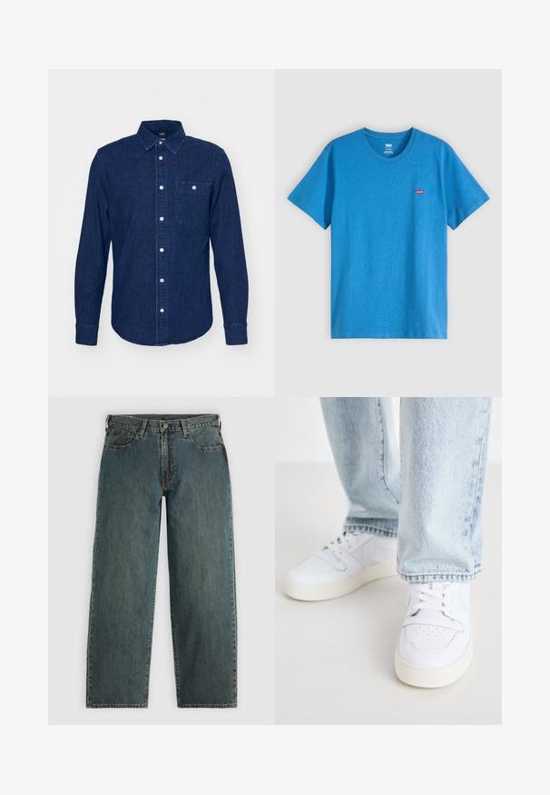 Lee LEESURE - Skjorter - maple wash; Blå T-shirt med korte ærmer og rund hals fra Levi's, med et lille rødt Levi's-logo på venstre bryst, præsenteret på en ensfarvet lys grå baggrund.; Mørkeblå straight-leg denim jeans med knap- og lynlås-lukning, forlommer og bæltestropper på en lys grå baggrund.; Hvide læder lav-top sneakers med perforerede tå, flade snørebånd og minimalistisk design. Kombineret med lyseblå denim jeans.