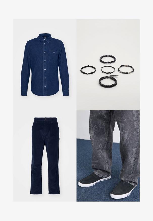 Lee LEESURE - Krekls - maple wash; Jūras spēku zila korduroja bikses ar taisnu kāju piegriezumu, ar vertikālu ribu faktūru un priekšu ar pogu aizdari.; Melnas slip-on kurpes ar baltu zoli, ar tekstūru, apvienotas ar pelēkiem džinsiem ar smalku rakstu, uz zilā paklāja fona.; Pieci melni aproces dažādos stilos: viena ar pērlēm, viena ar akcentiem, pītas faktūras un regulējamas dizains, uz balta fona.