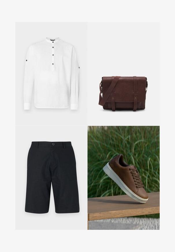 Bílá lněná košile s límcem bez límce, dlouhými rukávy a černými knoflíky na přední straně a na manžetách. Má uvolněný střih.; Černé šortky vyrobené z lehké tkaniny, s rovný střihem, zapínáním na jeden knoflík a čistým lemem bez viditelných vzorů.; Hnědé kožené tenisky s bílou gumovou podrážkou, kulatou špičkou a hnědými tkaničkami. Imitovaný grip na podrážce a hladký povrch na svršku.; Hnědá kožená taška přes rameno s plochým předním klopem, dvěma popruhy, zlatými kovovými detaily a nastavitelným ramenním popruhem.