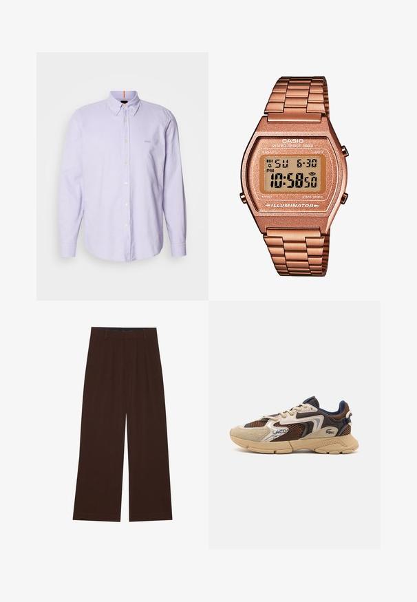 Svetlo vijolična košulja na dugih rukava s kragnom i diskretno označavanjem na prsima, koja ima glatku teksturu i bijele gumbe.; YOURTURN UNISEX 3 PACK BASIC OVERSIZED T-SHIRT - Navadna majica - dark brown/off-white/dark grey; Rjave široke hlače s plisami. Narejene iz gladkega materiala, s prilagojenim pasom in stranskimi žepi. Ravna obroba na dnu.; Bež in rjav športni copat z teksturiranimi mrežastimi paneli, nubukastimi detajli in gumijastim podplatom. Obsegajo zasnovo na vezalke in blagovno znamko.; Digitalna Casio ura z rožnato zlato kovinsko zanko, pravokotno ohišje, osvetljen prikaz, vodoodpornost, ki prikazuje čas in datum.