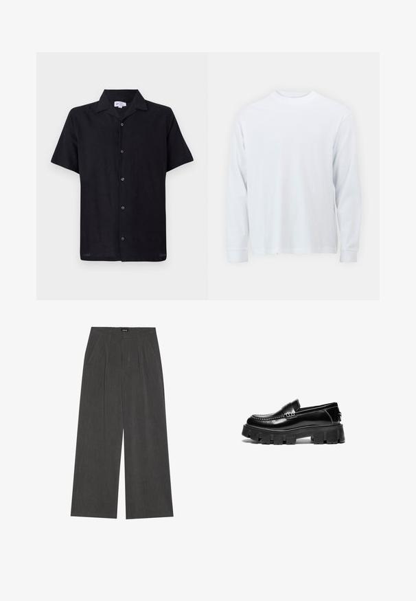 Czarna koszula krótki rękaw z lekkiego materiału. Posiada kołnierzyk i zapięcie na guziki z pięcioma guzikami wzdłuż środka.; Biała koszulka z długim rękawem wykonana z bawełny, z okrągłym dekoltem i prostym wykończeniem. Gładka faktura, prosty design bez wzorów czy akcentów.; Spodnie o szerokich nogawkach w ciemnoszarym kolorze, z plisowanym przodem, dwiema bocznymi kieszeniami i płaskim pasem. Gładka tekstura i dopasowany krój.; Czarne skórzane loafersy z masywną kauczukową podeszwą, ozdobnym paskiem na górze i kontrastującym białym przeszyciem. Gładka tekstura z zaokrąglonym noskiem.