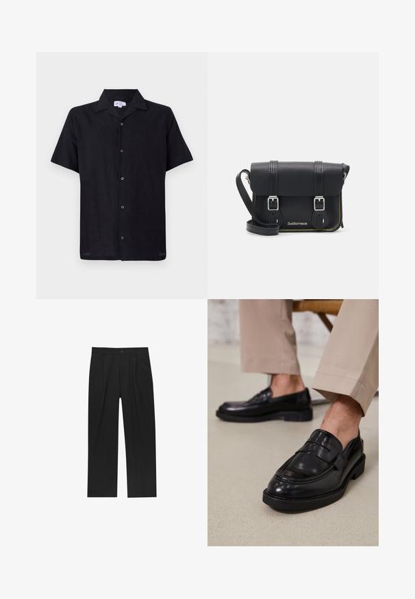 Fekete, rövid ujjú ing, könnyű anyagból készült. Galléros nyakkal és ötnyomású gombolással rendelkezik az elején, középen.; Fekete nadrág egyenes szárú kialakítással, sima anyagból készült. Elöl redők és egy gombos záródás található a derékon.; Fekete bőr loaferek sima felülettel, díszítő pánttal és kontrasztos varrással, bézs nadrággal párosítva.; Fekete bőr keresztbody táska hajtóka, két ezüst csattal, sárga varrással és állítható pánttal. Simább textúrával és kompakt formatervezéssel rendelkezik.