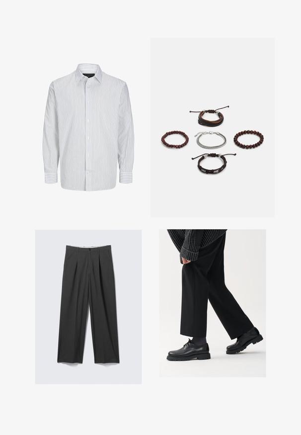 Camisa de mangas largas con botones en blanco con finas rayas verticales en azul marino. Presenta un cuello clásico y cierre de botones en la parte delantera. Fabricada con un tejido ligero.; Pantalones grises de pierna ancha con plisados. Fabricados en un tejido suave, con cierre de botón en la parte delantera y pasadores para cinturón. Diseño de frente plano.; Zapatos de cuero negro con punta redondeada, diseño de cordones y suela gruesa y texturizada. Combinados con pantalones negros a medida y un suéter acanalado.; Conjunto de cinco pulseras que presentan cuero marrón, cuentas de madera y una cadena de plata; texturas y formas variadas, con cierres ajustables.