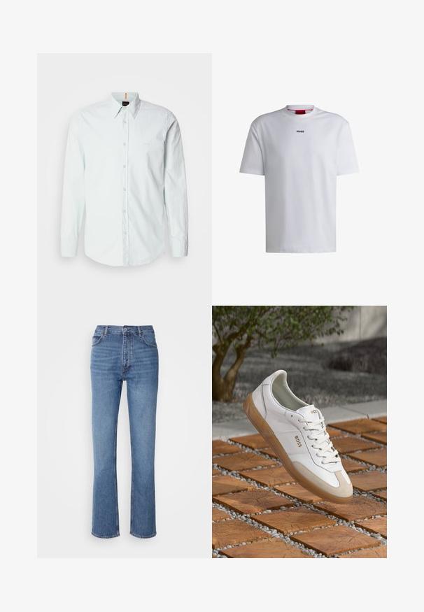 Svijetloplava košulja sa dugim rukavima, klasičnom kragnom i malim logotipom na prsima, izrađena od pamuka. Mekana tekstura.; Bela bomba majica s kratkimi rokavi, okroglim izrezom in črnim logotipom "HUGO" na prsih. Gladka tekstura, sproščen kroj, brez vzorcev.; Modre kavbojke z visokim pasom, ravno krojenjem in rahlim bledenjem. Imajo klasičen pet-pocket stil in zapiranje na zadrgo.; Bela usnjena tenisačka obutev z bež semišnimi dodatki, zaokroženim nosom, vezanjem na sprednji strani in rjavim gumijastim podplatom, na katerem je prikazano ime blagovne znamke "BOSS."
