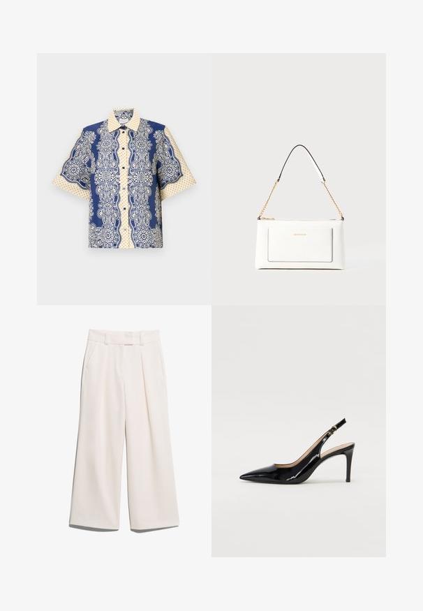 Lyhythihainen paita, jossa on tummansini-valkoinen paisley-kuvio, jossa on pistekoristeita, nappimallinen etuosa ja klassinen kaulustyyli.; Löysät housut vaaleassa kermanvärissä, valmistettu sileästä kankaasta, jossa on kaksi etutaskua ja näkyvät ompeleet vyötäröllä.; Musta lakattu nahkainen slingback-korkokenkä, jossa on terävä kärki, kapea korko ja hillitty leikkaussuunnittelu. Varressa on kultainen solki.; Valkoinen nahkalaukku tekstuuripinnalla, jossa on kultaketjuolkaimet ja mustia yksityiskohtia. Mukana etutasku ja vetoketjusulku.