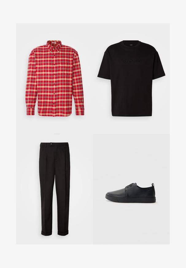 GANT CHECK SHIRT - Hemd - ruby red; Schwarzes Baumwoll-T-Shirt mit kurzen Ärmeln, das ein geprägtes "Calvin Klein"-Logo auf der Vorderseite, einen runden Ausschnitt und eine lässige Passform aufweist.; Schwarze Hose mit glatter Textur, gerade geschnitten, zwei Fronttaschen und einem einzigen Knopfverschluss an der Taille.; Schwarze Leder-Sneaker mit glatter Oberfläche, abgerundeter Zehenpartie, gleichfarbiger Nähte, schnürbarem Vorderteil und flacher Gummisohle. Schlaufe an der Ferse.