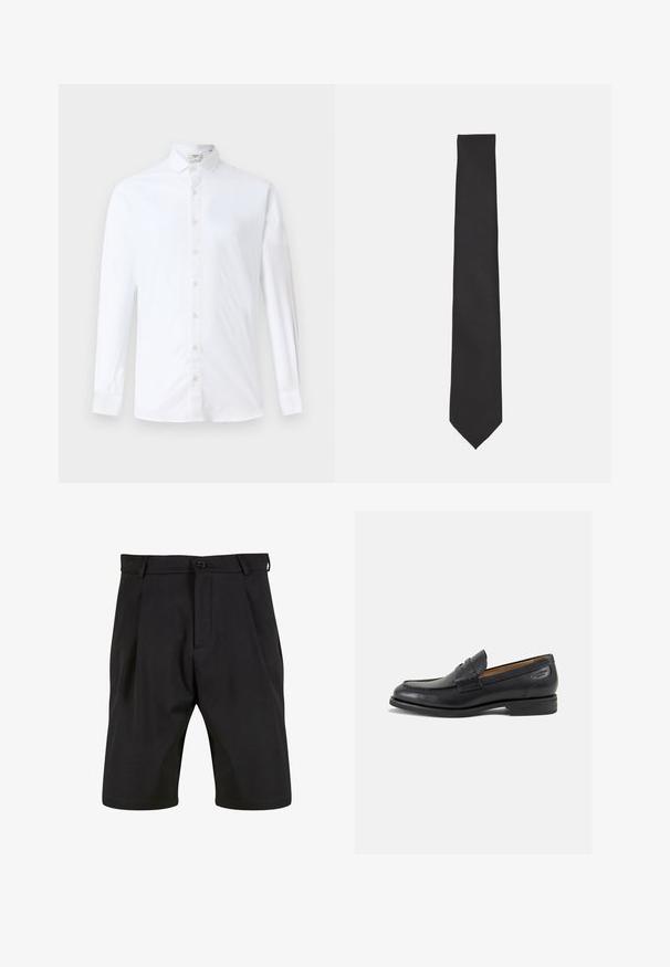 White long-sleeve button-up shirt made of cotton, featuring a classic collar, straight cut, and a smooth texture with matching buttons.; Black shorts made of a smooth fabric with a tailored design, featuring a front button closure, pleats, and side pockets.; Black leather loafers with a smooth finish, rounded toe, and decorative stitching on the vamp. Low stacked heel and slight shine.; Black tie made of smooth fabric, featuring a slim, elongated shape with a pointed tip and no visible patterns or accents.