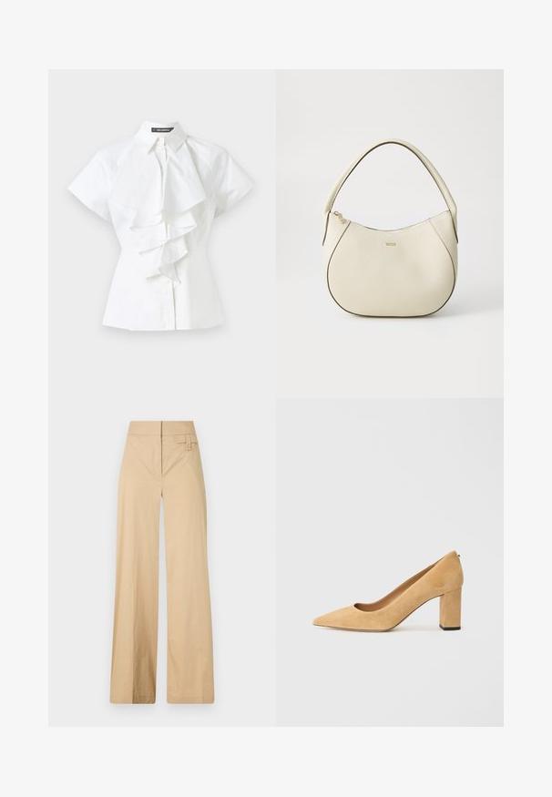 Valge pluus, millel on kraega kaelus ja lühikesed varrukad. Keskel on volangiga detailid, valmistatud siledast puuvillakangast.; Beige laiad sääred püksid, mis on valmistatud puuvilla segakangast. Omavad siledat tekstuuri, elastset vöökohta ja külgmist nööbiga detaili.; Beežist nubukist kõrge kontsaga kingad, millel on terav nina ja massiivne plokkkonts. Materjal on pehme tekstuuriga ja sileda pinnaga.; Kreemivärvi käsipott, millel on tekstureeritud viimistlus, kumer kuju, lühike käepide ja kuldse tooniga logo detail. Ülemine lukustus.