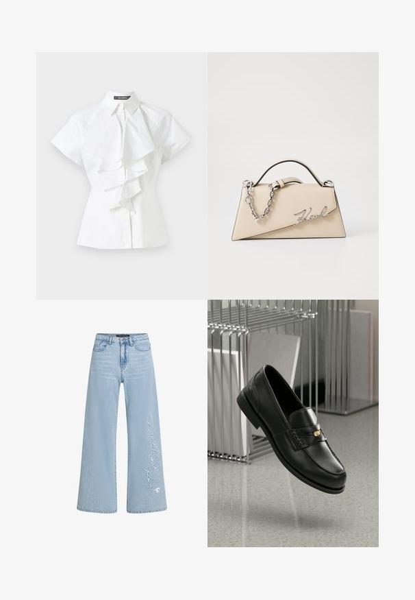 Fehér blúz, amelynek galléros nyaka és rövid ujja van. Ráncos részletek futnak végig a középen, sima pamutból készült.; Világoskék, bőszárú farmernadrág, bal lábszáron „Donald és Daisy” hímzett felirattal. Klasszikus öt zsebes dizájn és övhurkok jellemzik.; Fekete bőr loaferek sima felülettel, dekoratív sávval és kis arany kiegészítővel. Az talp lapos, kerek orrú.; Beige bőrtáska, struktúrált, háromszögletű formával, ezüst lánc fogantyúval és fém, írott logóval.