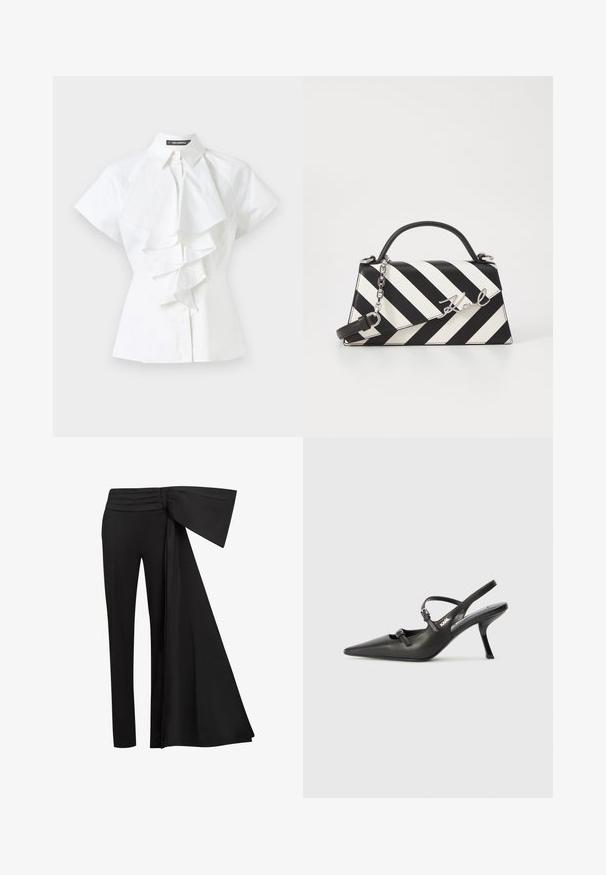 White blouse featuring a collared neckline and short sleeves. Ruffled detailing runs down the center, made from smooth cotton fabric.; Black trousers with a wide, draped sash detail at the waist. Smooth fabric, straight leg cut, and pleated waistband.; Black leather slingback heels with a pointed toe, slender heel, and decorative buckle detail on the vamp. Smooth texture and sleek design.; Black and white striped handbag with a structured shape, featuring a top handle, a detachable chain strap, and metallic logo accent.
