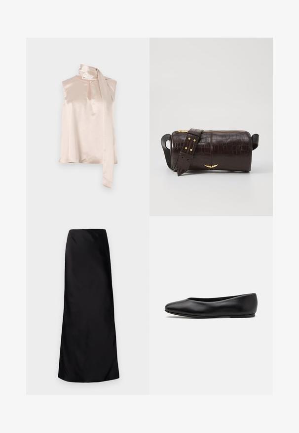 Satin ärmelloses Oberteil in zartem Rosa mit einem Schlüssel-Ausschnitt und einem angenähten, drapierten Schal-Detail an der Schulter. Glatte Textur, minimalistisches Design.; Norma Kamali BIAS OBIE SKIRT - Maxirock - black; Paul Smith TOPANGA - Klassischer Ballerina - black; Braune, krokodilgeprägte Lederhandtasche mit zylindrischer Form, goldfarbener Hardware und einem abnehmbaren Tragegurt mit Nieten.