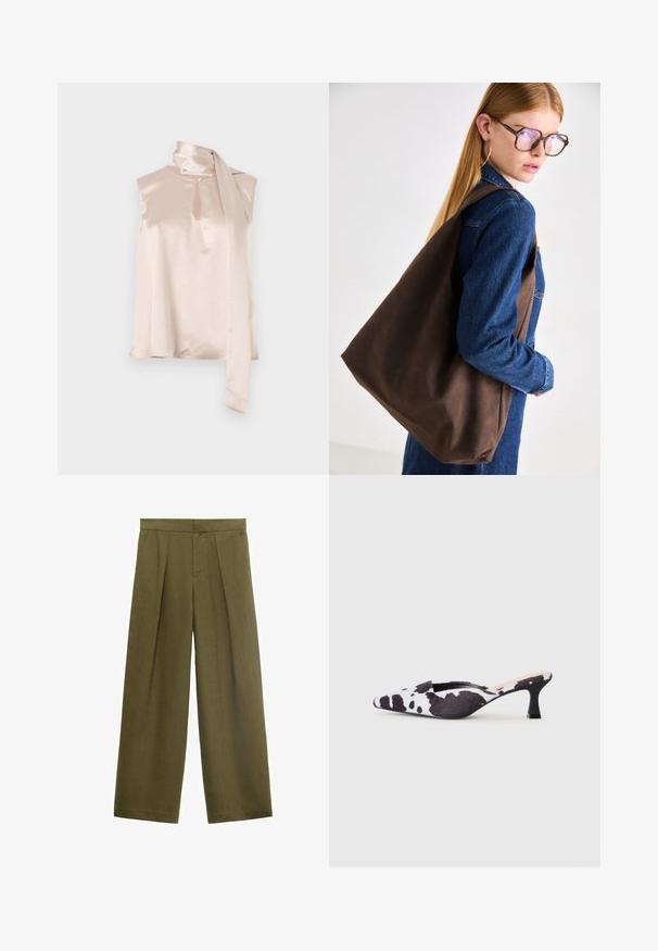 Satiiniton hihaton paita vaaleanpunaisena, jossa on avonainen kaula-aukko ja kiinnitetty roikkuva huiviyksityiskohta olkapäällä. Silkkinen pinta, minimalistinen muotoilu.; Oliivinvihreät leveälahkeiset housut, jotka on valmistettu teksturoidusta kankaasta. Niissä on etupleatit ja vetoketjusuljenta, suora malli ja ilman näkyviä taskuja.; Korkokenkä, jossa on terävä kärki ja kantapää, mustavalkoisessa lehmäkuosisessa muotoilussa. Kangaspinta, jossa on teksturoitu pinta ja ohut musta korko.; Ruskea nahkainen olkalaukku, jossa on pehmeä rakenne, tilava muotoilu ja yksi hihna. Yhdistetty siniseen farkkutakkiin.