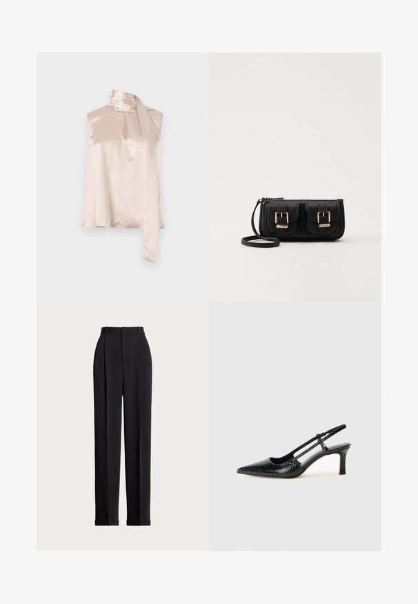 Top sans manches en satin rose pâle avec un décolleté en trou de serrure et un foulard drapé attaché à l'épaule. Texture lisse, design minimaliste.; Pantalons noirs ajustés à taille haute, dotés de plis à l'avant, d'une coupe droite et d'un ourlet à revers. Fabriqués en tissu lisse.; Escarpin slingback en vernis noir avec un bout pointu, présentant un imprimé serpent texturé, une sangle réglable et un petit talon bloc texturé.; Sac en cuir noir porté en travers avec deux poches avant, boucles dorées, fermeture zippée et une sangle fine. Surface texturée et forme rectangulaire compacte.
