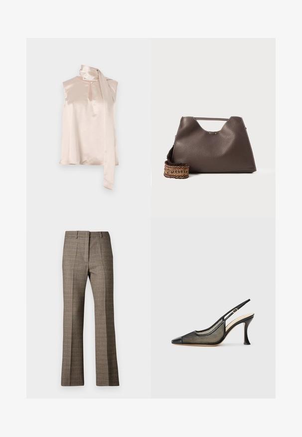 Satin ärmelloses Oberteil in zartem Rosa mit einem Schlüssel-Ausschnitt und einem angenähten, drapierten Schal-Detail an der Schulter. Glatte Textur, minimalistisches Design.; Braune karierte Hose mit geradem Bein, die aus einem strukturierten Stoff gefertigt ist und dezente Farbtöne von Beige und dunkleren Brauntönen im Muster aufweist.; Schwarze Slingback-Pumps mit hohem Absatz, spitzer Zehenform, Netzdetails und einer glatten Lederkappe. Die Farben umfassen Schwarz und beige Akzente.; Braune Lederhandtasche mit strukturiertem Finish, kantigem Design und einem markanten oberen Griff. Verfügt über ein gemustertes, geflochtenes Riemendetail.