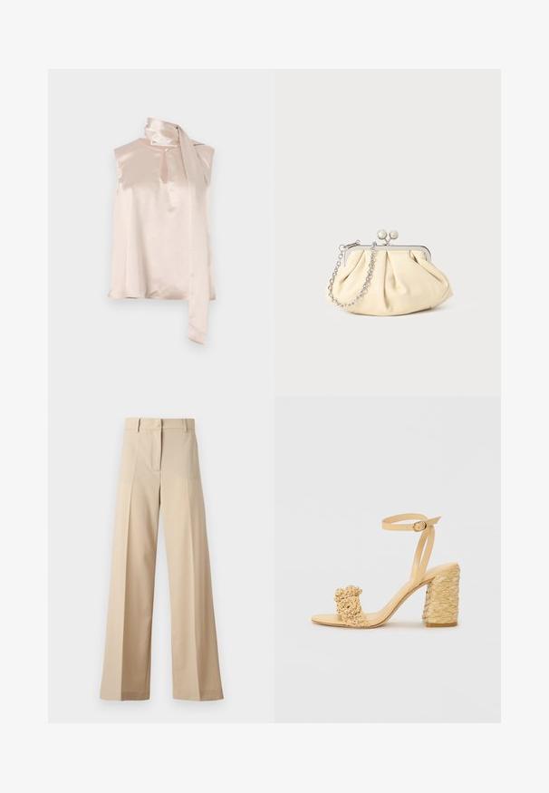 Saten brezrokavnik v svetlo rožnati barvi z izrezom v obliki ključavnice in pritrjenim drapiranim šalnim detajlom na rami. Gladka tekstura, minimalističen dizajn.; Beige široke hlače iz gladkega materiala, z ravnim odprtjem spredaj in naborki, z vodilom na zadrgo in zankami za pas. Prilagojen kroj.; Beige sandala na visokom potplatu s pletenom teksturom, s dekorativnim cvijetom i remenom oko gležnja. Kvadratna peta osigurava stabilnost.; Zavihani bež usnjeni nahrbtnik s srebrnim kovinskim okvirom, ki ima dve okrogli okrasni zaponki in srebrno verižico.