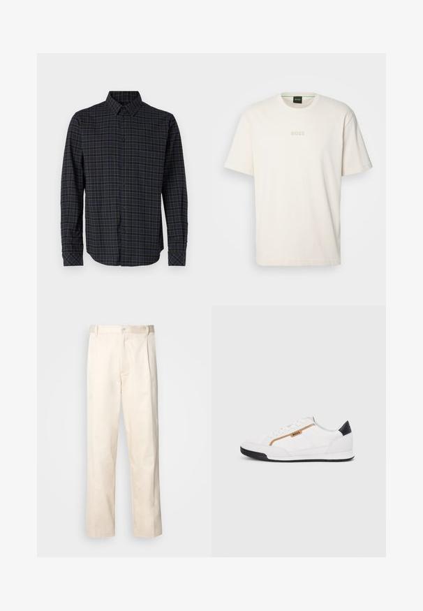 Long-sleeve shirt made of woven fabric, featuring a dark blue and green check pattern, button-up front, and pointed collar.; BOSS TEE - Basic T-shirt - open white; Beige cotton trousers with a straight-leg cut, featuring a button closure and pleats at the front for added detail.; White athletic shoes with mesh and leather accents. Features a gold "BOSS" logo, textured side panels, and a black heel cap. Rubber sole.