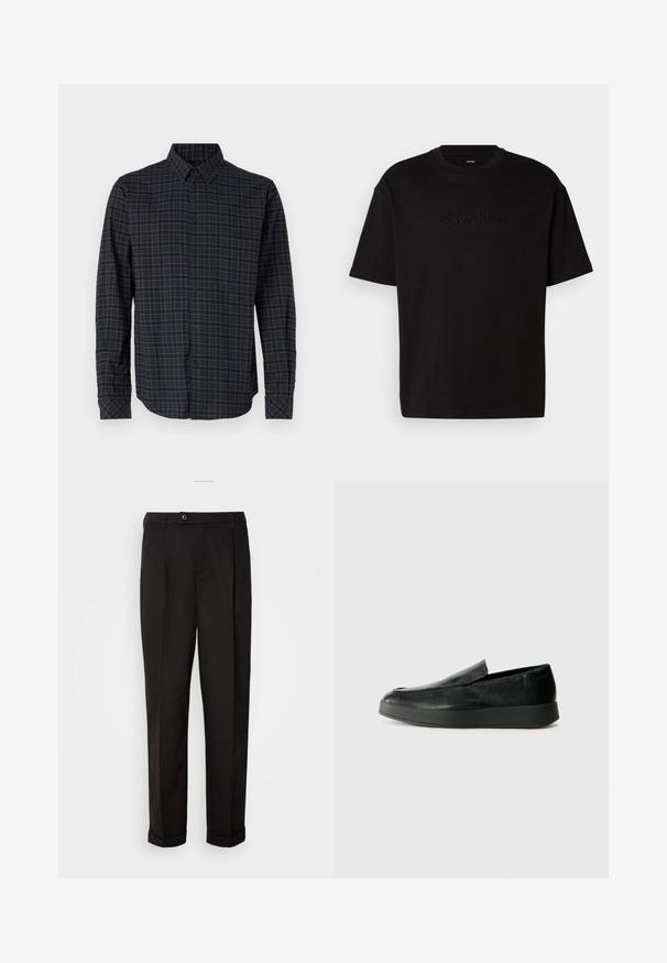 Pitkähihaisen paidan materiaali on kudottu kangas, jossa on tummansininen ja vihreä ruutukuosi, napitetta etupuolella ja teräväkauluksella.; Musta puuvillapaita lyhyillä hihoilla, jossa on kohokuvioitu "Calvin Klein" -logo edessä, pyöreä pääntie ja rento istuvuus.; Mustat housut, joissa on sileä pinta, suora leikkaus, kaksi etutaskua ja yksittäinen nappikiinnitys vyötäröllä.; Calvin Klein HYBRID CUP - Loaferit/pistokkaat - triple black
