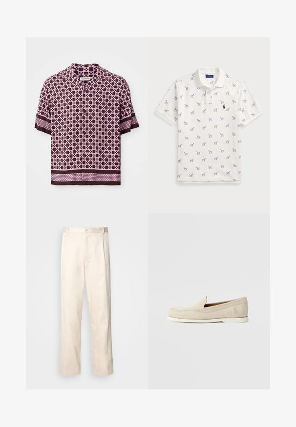 Lühikeste varrukatega särk, mis on kaunistatud pruunide ja roosade geomeetriliste mustritega, valmistatud kergest kangast, millel on kraega kaelus ja nööbiga sulgemine.; Valge puuvillane polo särk, millel on korduv sinine koera muster ja väike sinine logo rinnal. Lühikesed varrukad ja krae.; Beesidised puuvillased püksid sirge jala lõikega, mis on varustatud nööpkinnituse ja ees olevate voltidega, et lisada detaili.; Polo Ralph Lauren MERTON VENETIAN LOAFER - Mokassiinid - milkshake