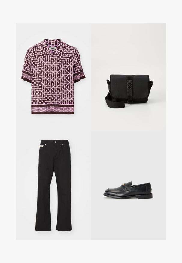 Camisa de manga corta con un patrón geométrico en marrón y rosa, confeccionada en una tela ligera, con cuello y cierre de botones.; Pantalones de algodón negros con un diseño de pierna recta, que presentan un cierre frontal con botón, dos bolsillos laterales y una pequeña etiqueta de la marca en la cintura.; Mocasines de cuero negro con punta redonda, detalles de costura y un pequeño acento dorado en la parte frontal. La suela es plana y discreta.; Bolso cruzado negro de nailon con solapa, que cuenta con un cierre de cinta con logo prominente, correa ajustable y detalles de costura lateral.